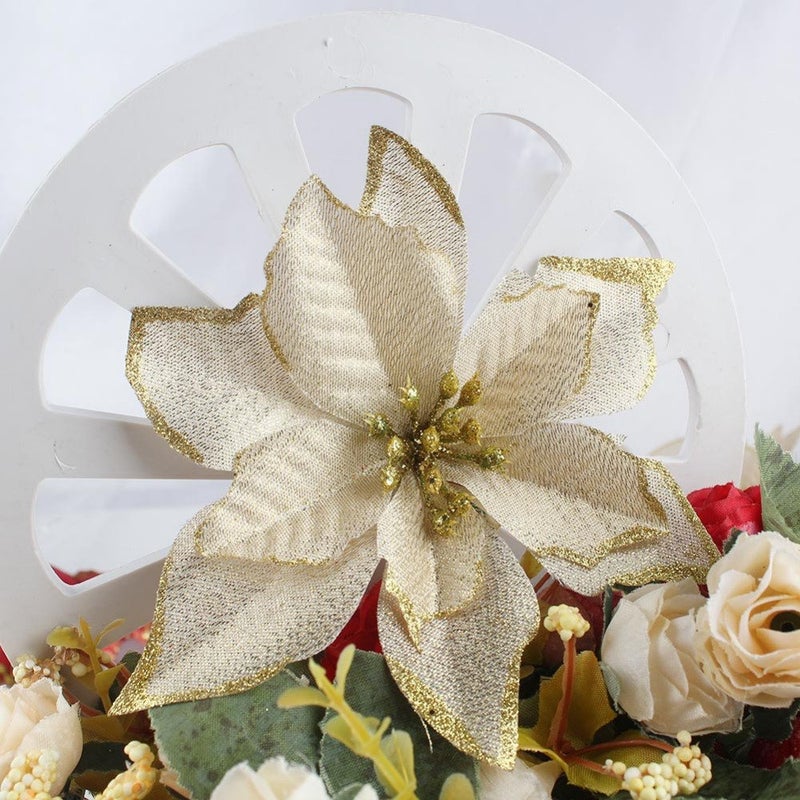 Amajoy 12pcs Glitter Poinsettia Christmas Tree Ornament Artificial Wedding Christmas Flowers Xmas Tree Wreaths Decor Ornament, 5.5inch, Red and Gold for Choice (Gold) - Image 2
